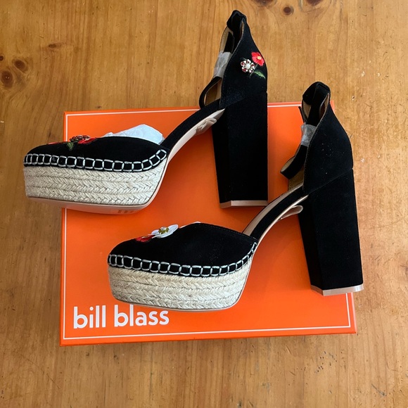 Bill Blass Anthropologie Emma Embellished Sz10 Black Platform Heels Ankle Strap - Picture 6 of 7